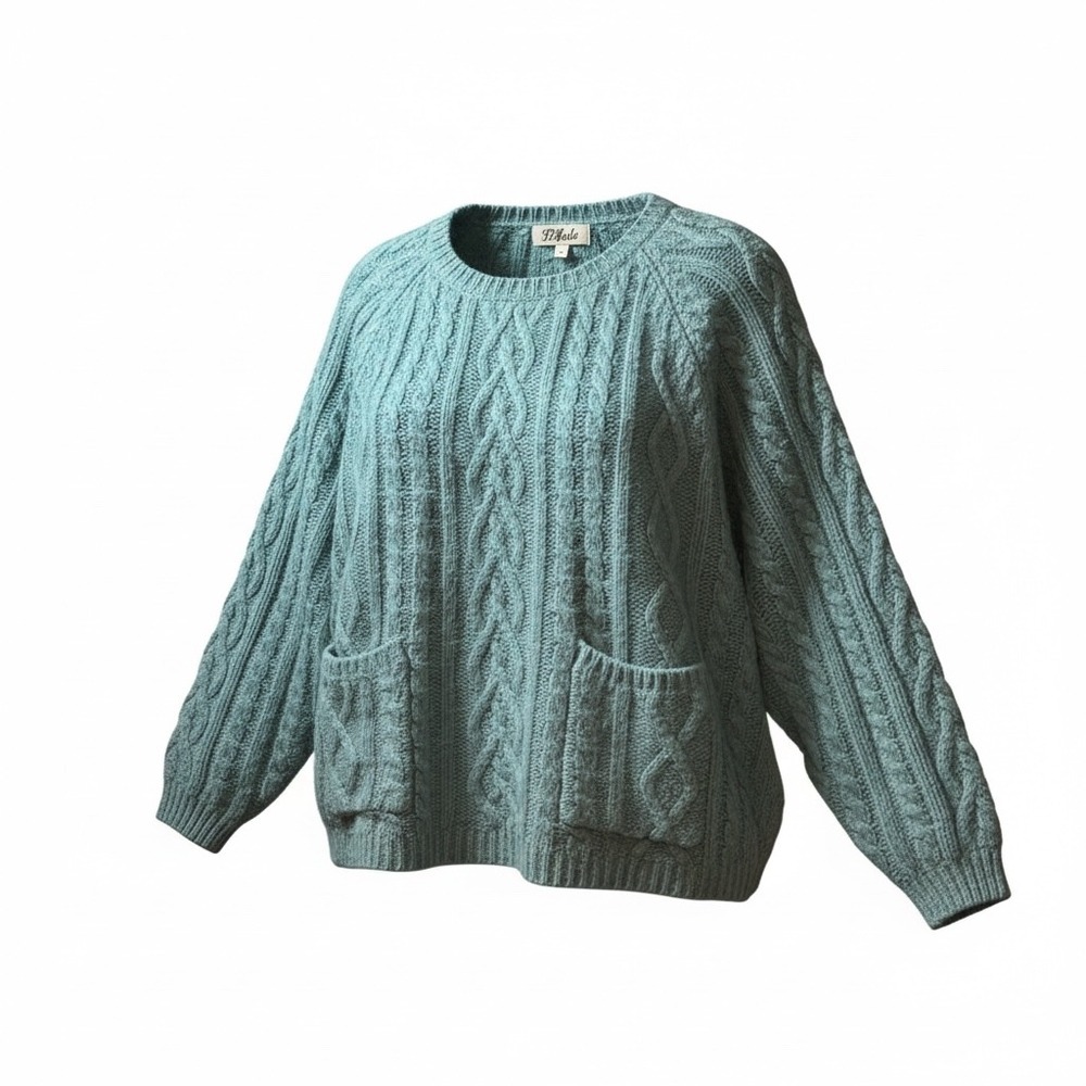 Listicle Teal Blue Cable Knit Mohair Blend Sweater Front‎ Pockets Cottagecore Sm